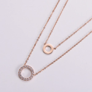 18K rose gold plated double layer necklace with polished and zircon paved circular pendants