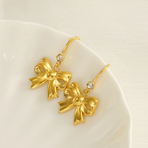 Elegant 18K gold-plated bow-knot drop earrings featuring a sparkling round zircon stone