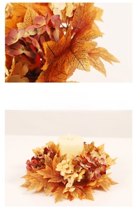 Macro detail of autumn candle ring with maple leaves and hydrangea for fall decor