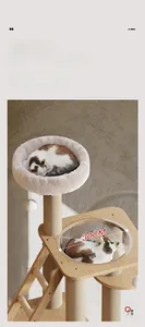 Detail of wooden cat tree with 30cm acrylic space capsule and sisal rope scratching posts