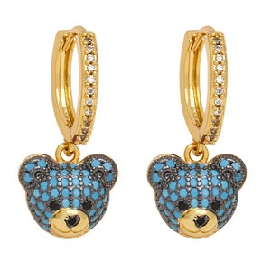 Charming golden bear drop earrings with blue detailing and sparkling pavé crystals