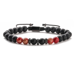 Bracelet ajustable pour hommes avec perles d'onyx mat et pierres d'oeil de tigre rouges