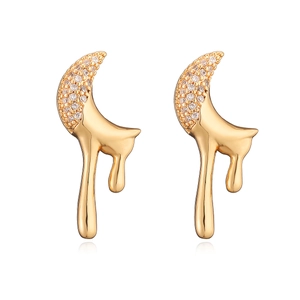 Gold-plated melt liquid drop earrings with sparkling rhinestones in a minimalist design