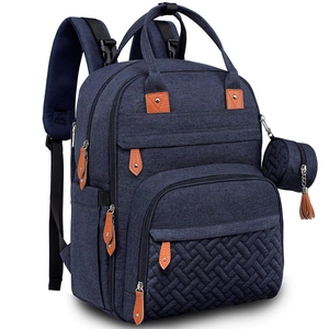 Detail of dark blue multi-pocket diaper bag with leather zipper pulls and round pouch