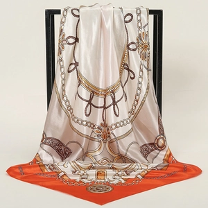 Elegant 90cm satin silk square scarf with vintage chain patterns and orange border