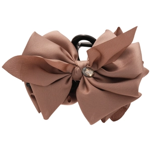 Brown satin fabric bow hair claw clip with crystal gemstone accent for women