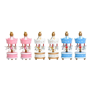Mini wooden carousel Christmas ornaments in pink blue and white gold colors