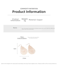 Detailed size guide for hollow leaf earrings featuring 6cm height and 3.5cm width