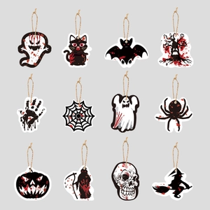 Halloween Hängedekoration Set, 12 verschiedene gruselige Motive mit Kordel für Party.