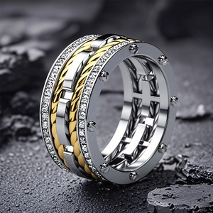 Copper Band Ring Two-Tone With Cubic Zirconia Inlay Cable Texture Industrial Style Fashion Jewelry For Men And Women