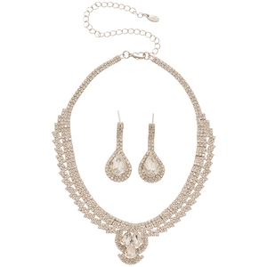 Vintage silver teardrop necklace and earrings set with crystal rhinestones for women