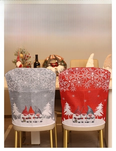Detailed Christmas chair covers with festive gnome and snowflake patterns in red and gray
