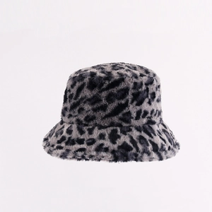 Detailed texture of thick gray leopard print faux fur on a stylish bucket hat