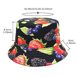 Black bucket hat with strawberry fruit print and size specs: 56-58cm circumference