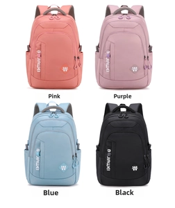 Four colors of minimalist nylon backpacks: pink, purple, blue, and black for students
