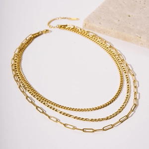 Three-layer 18k gold plated stainless steel necklace with paperclip and curb chain style