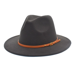 Detailed view of dark grey wool fedora hat featuring a brown leather belt with gold buckle