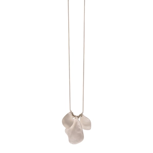 Minimalist long sweater necklace with matte textured metallic petal pendants