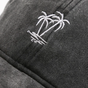 Vintage washed cotton baseball cap with white coconut tree embroidery on black fabric