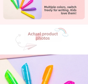 Makroaufnahme von 5 Pastell-Textmarkern mit transparenten Kappen und Clips in bunten Farben