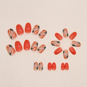 Summer bright orange press-on nails with fruit slices design and oval shape