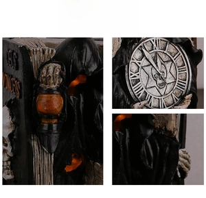 Macro shot of Gothic reaper statue with skull and vintage book details