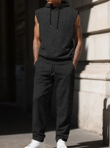 Men's black sleeveless hoodie and matching joggers in high-quality textured fabric