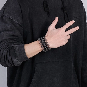 Gothic punk style stainless steel mens braided leather bracelet with vintage silver charms
