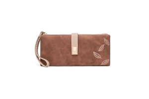 Detail view of brown matte long wallet for women featuring elegant leaf embroidery design