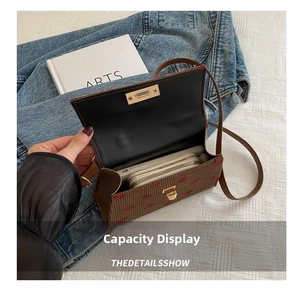 Interior view showing the capacity of the brown strawberry embroidered mini crossbody bag