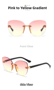 Detail of rimless kids' oversized sunglasses featuring pink-to-yellow gradient lenses