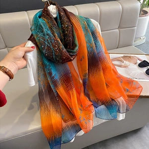 Lightweight gradient chiffon scarf with tree and bird print for summer beach sun protection