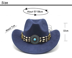 Détails des dimensions du chapeau de cowboy en daim bleu avec bandeau bohème turquoise