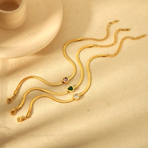 18k gold plated stainless steel snake chain bracelets with colorful heart zircon pendants