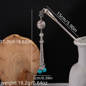 Silver hollow flower hairpin with turquoise tassels and detailed size measurements