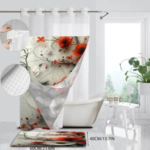 Detail of metal grommets and texture on white floral polyester shower curtain set