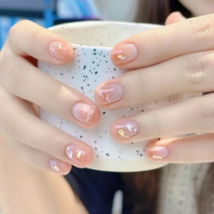 Japanese Style Short Square Plastic Press On Nails Blush Gradient Pink With Fish Bird Patterns Wearable False Nails For Women
