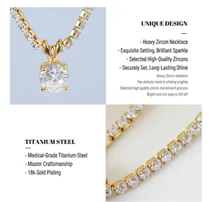 Detailed macro view of 18K gold plated necklace with micro-set brilliant cubic zirconia