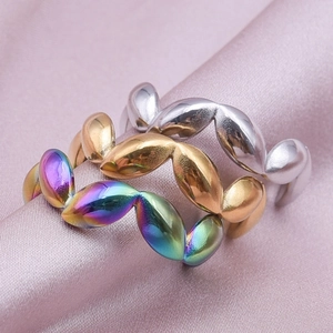 Minimalist adjustable 304 stainless steel leaf rings in silver, gold and rainbow colors