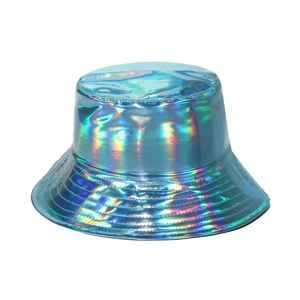 Light blue holographic laser metallic PU bucket hat with rainbow reflective surface
