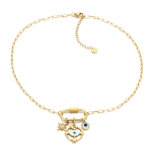 Celestial stainless steel chain necklace with moon and evil eye charms in gold finish