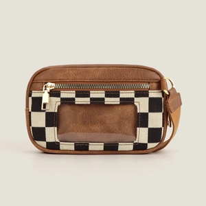 Brown leather crossbody bag with checkered canvas pattern and transparent PVC window