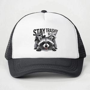 Retro Stay Trashy raccoon trucker hat with breathable black mesh and curved brim