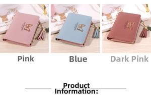 Short PU leather wallets in pink and blue with metal butterfly buckle and tassel details