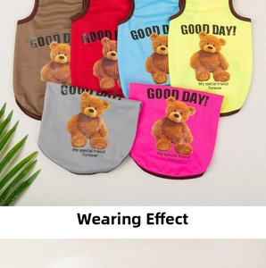 Breathable mesh pet vests in six colors with cartoon bear and GOOD DAY slogan