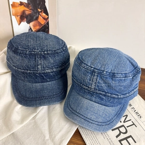 Vintage washed denim flat top army cap for women in dark and light blue colors