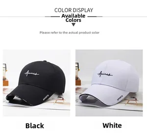 Detail of embroidered logo and SPORTS lettering on twill cotton baseball cap brim