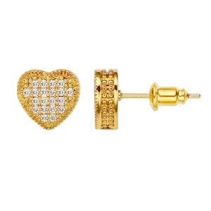Exquisite 18k gold plated heart stud earrings with sparkling cubic zirconia inlay