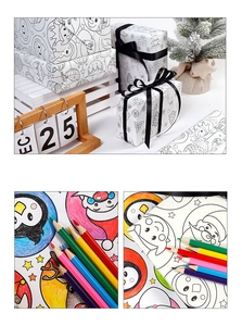 DIY Christmas coloring wrapping paper showing colored details and gift box scenes