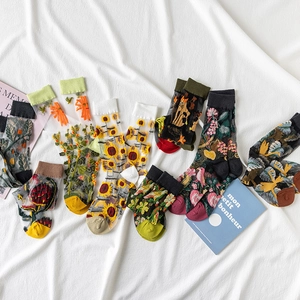 Sheer glass silk crew socks with floral embroidery and colorful elastic cuffs for women